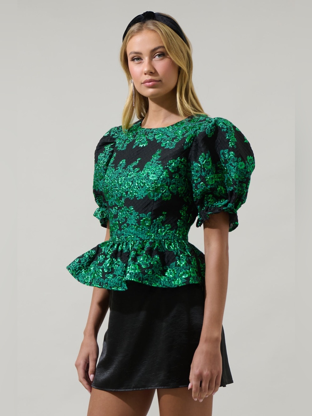 NWT Sugarlips Elyna Jacquard Green Black Puff Sleeve Peplum Blouse Sz S - Picture 2 of 13